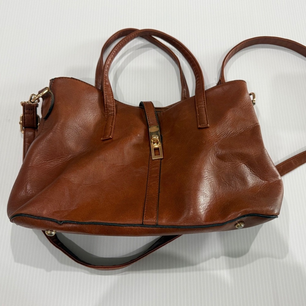 Brown Vegan Leather Satchel Crossbody Bag Gold Hardware Multi Compartment